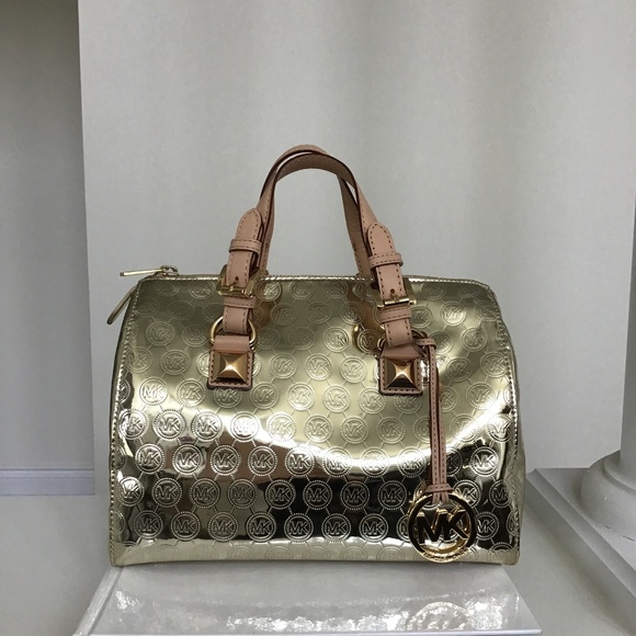 Michael Michael Kors Grayson Gold tone metallic MK logo medium size satchel - Picture 2 of 8